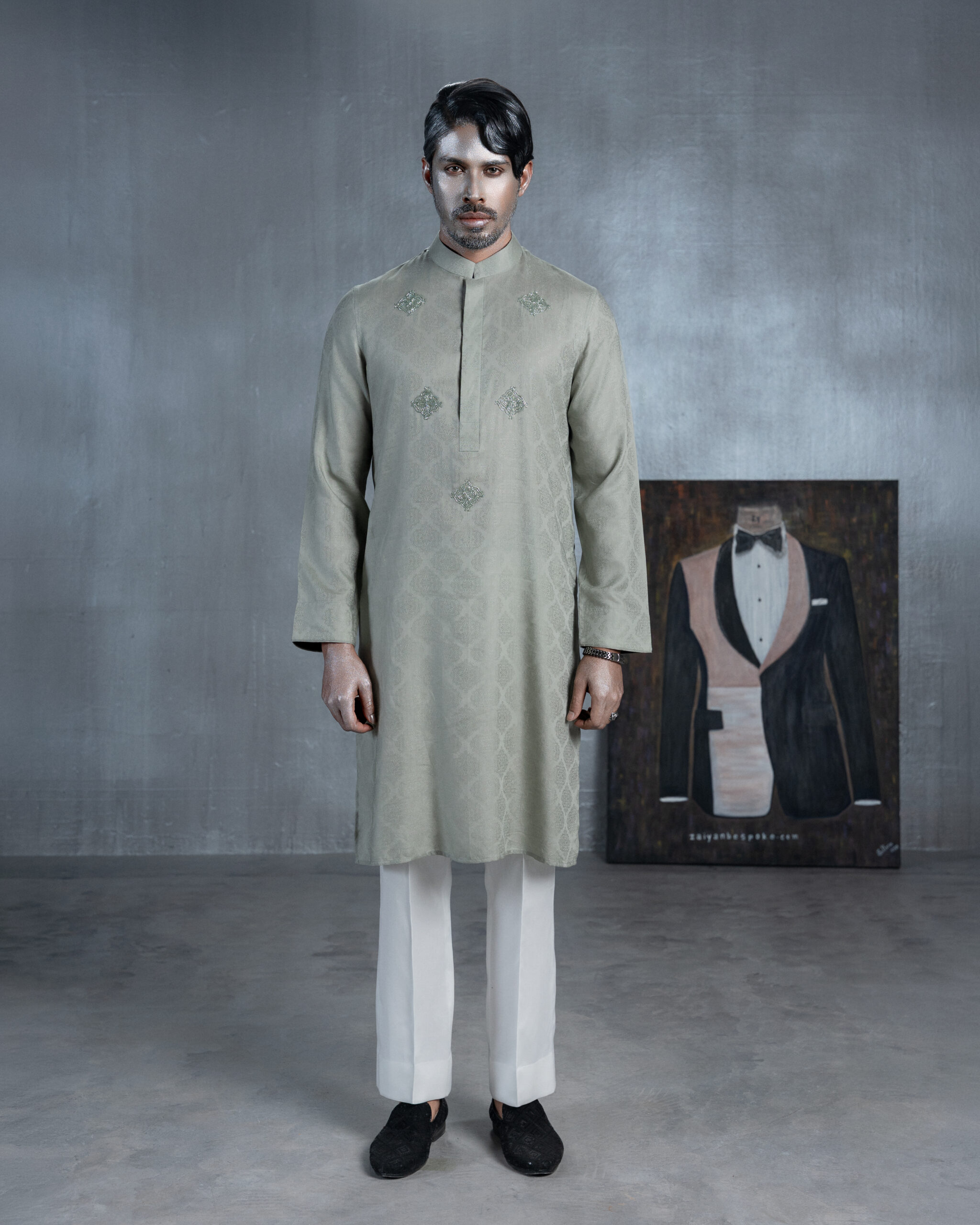 Sage Grey Panjabi with Embroidered Motifs - Image 3