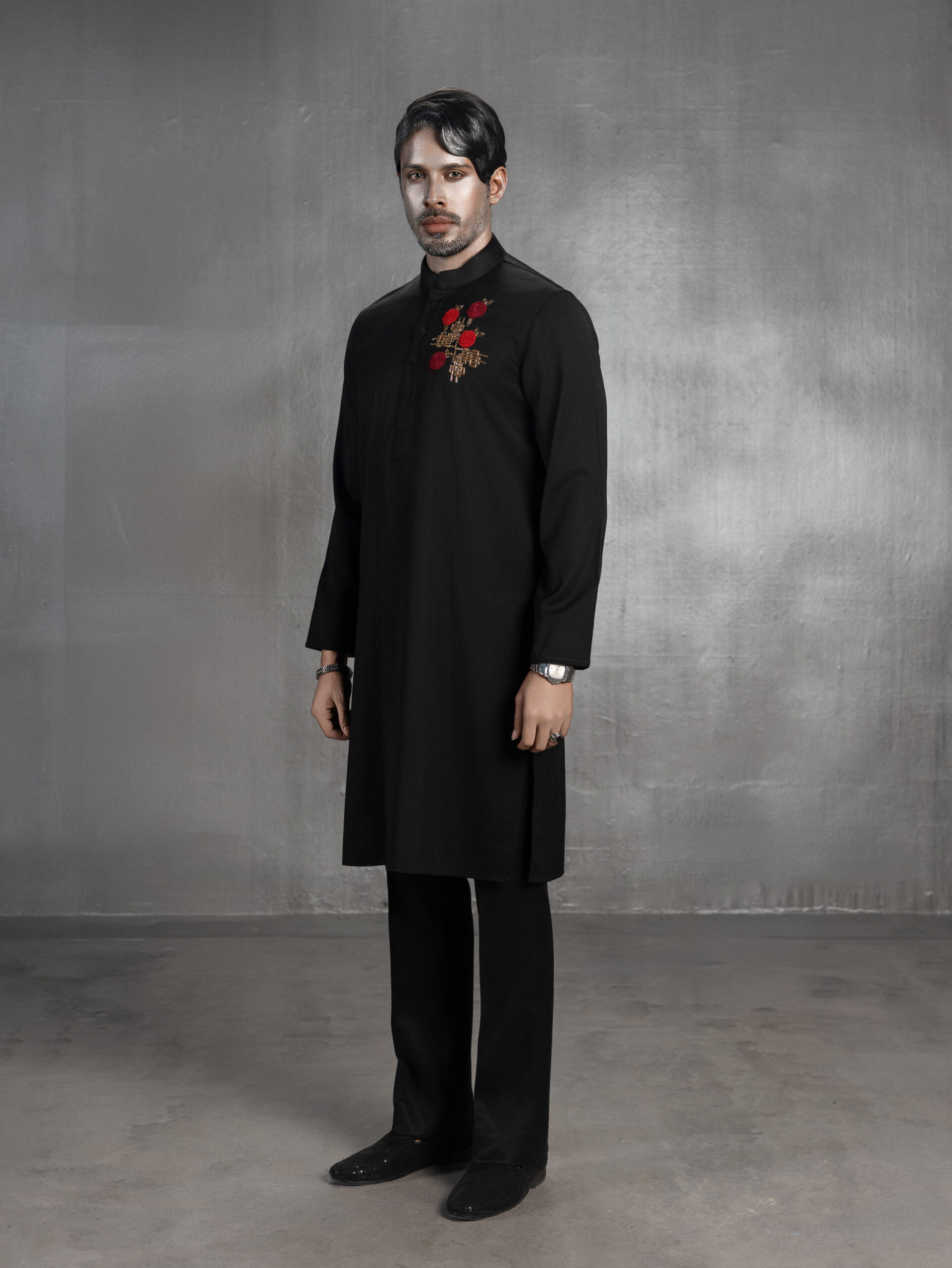 Black Floral Embroidered Panjabi - Image 2