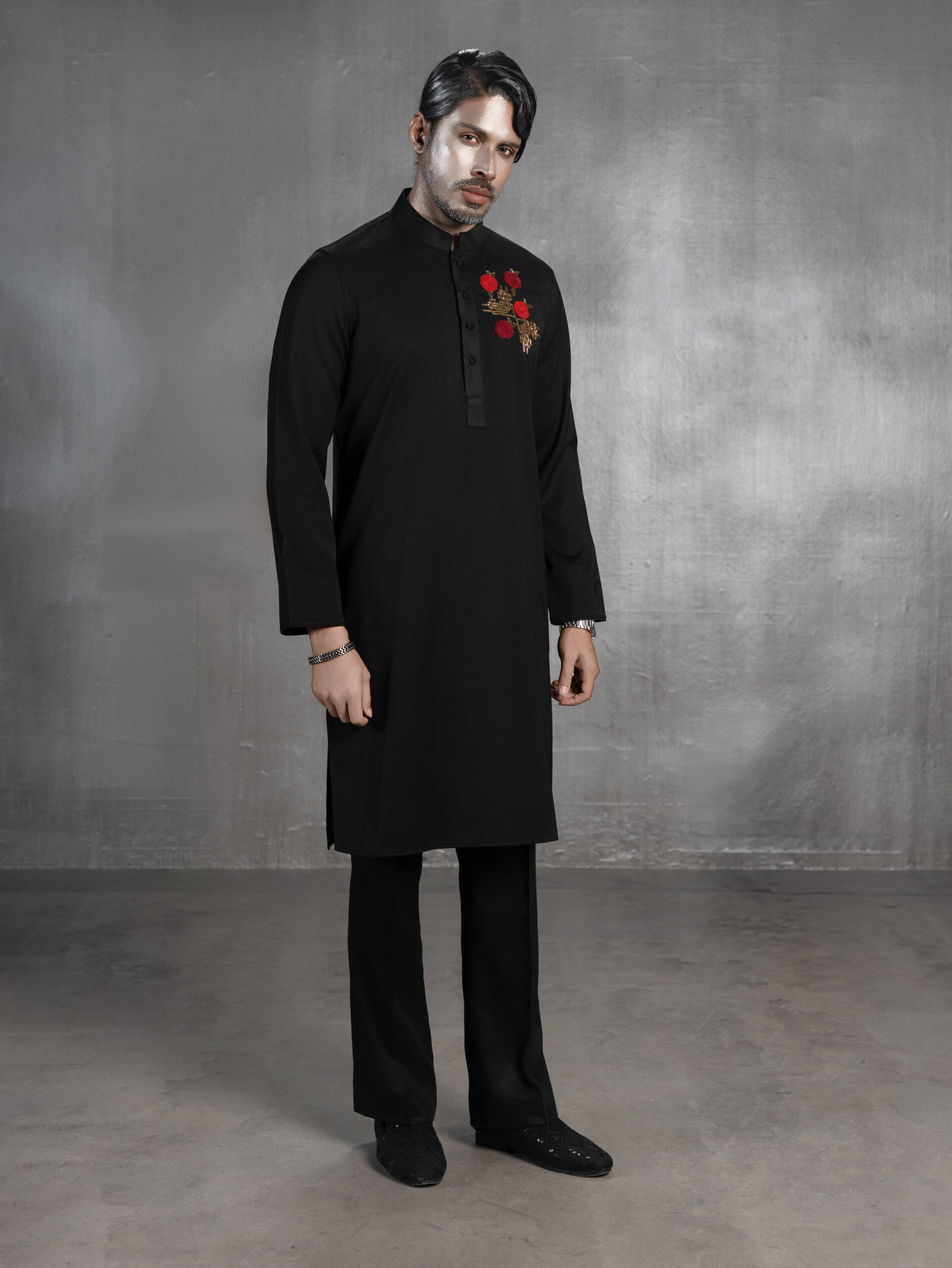 Black embroidered Panjabi with red floral detailing