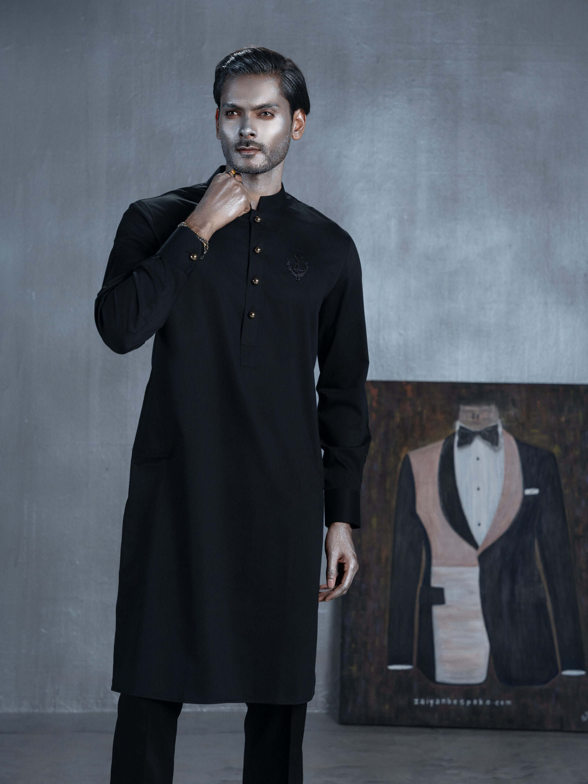 Black Panjabi with Signature Hand Embroidery - Image 3