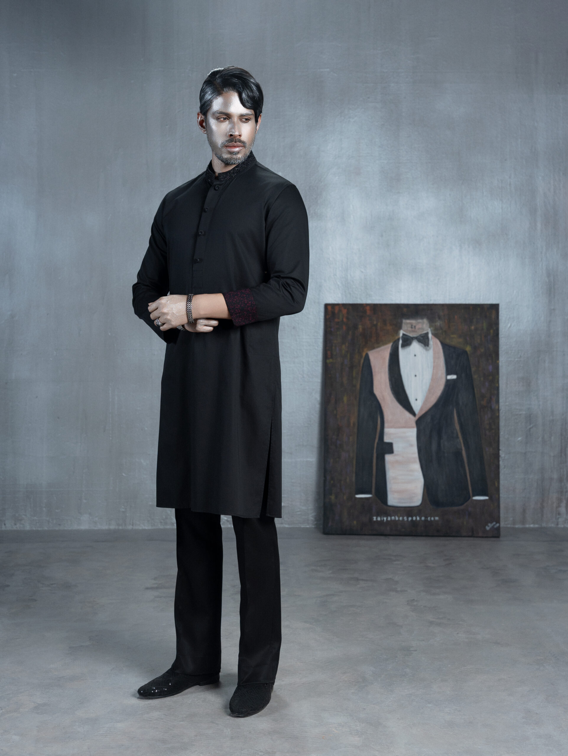 Black bespoke Panjabi with embroidered collar and burgundy patterned cuffs