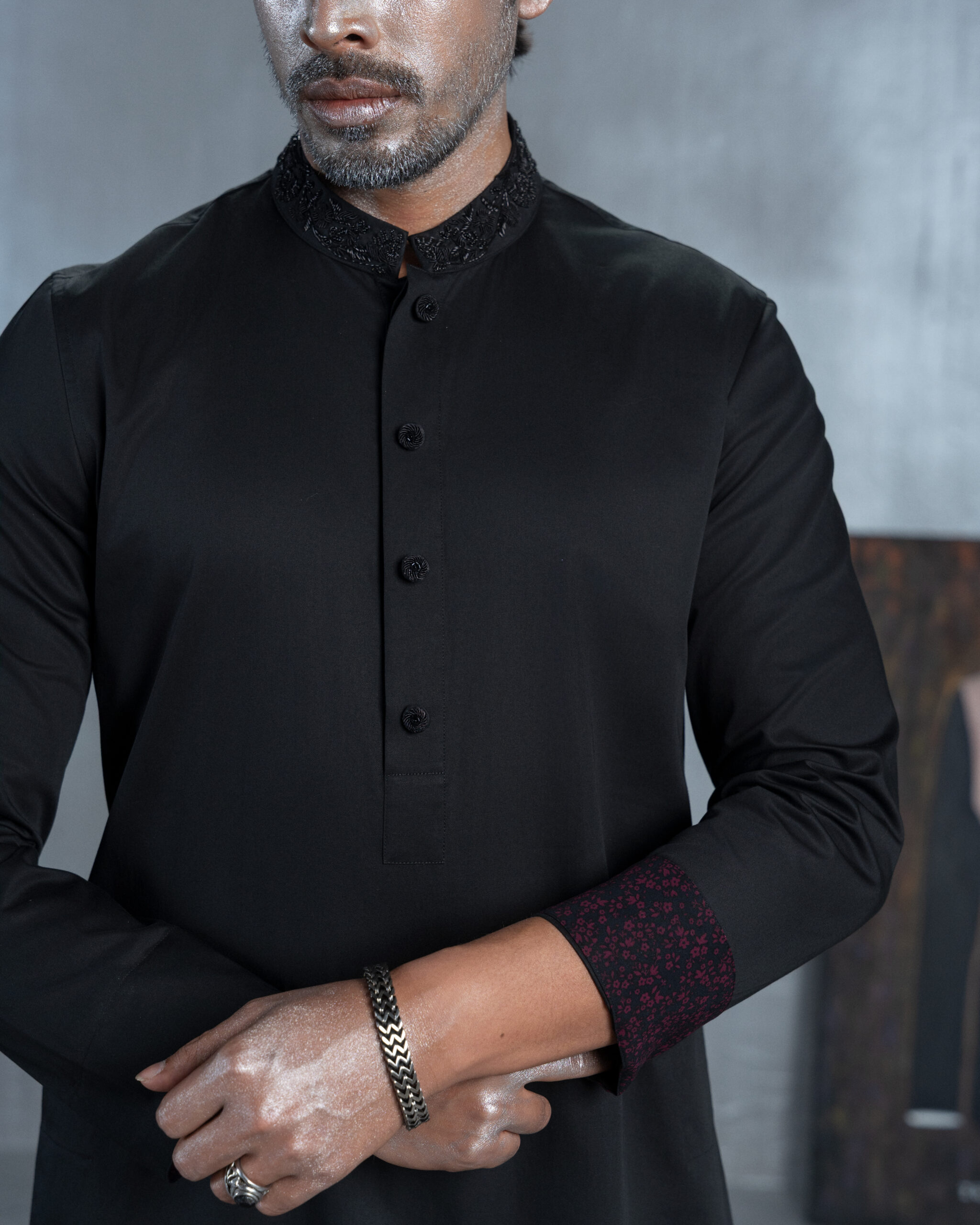Black Panjabi with Embroidered Collar & Cuffs - Image 3