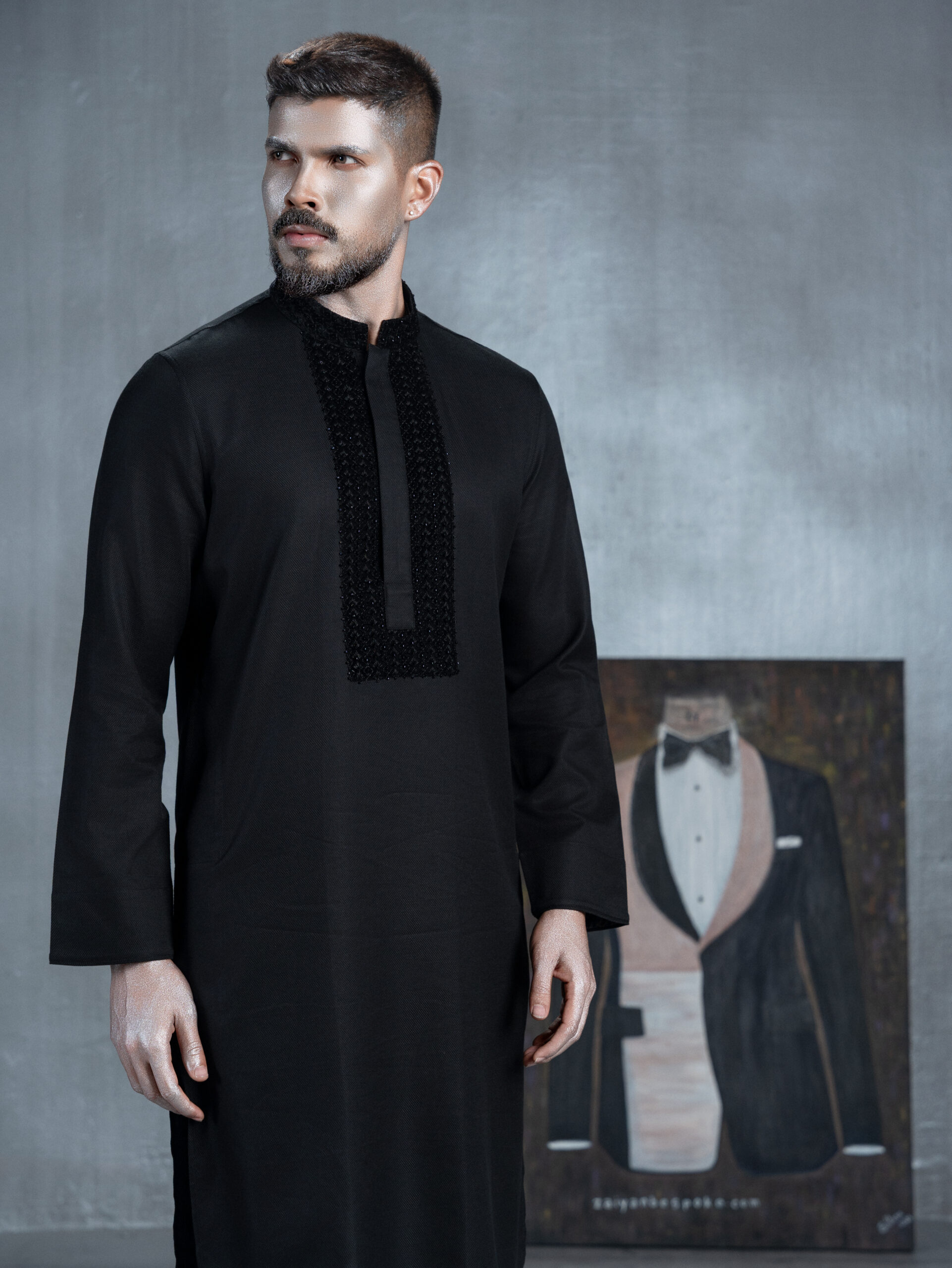 Black Panjabi with Patterned Collar & Cuffs - Image 3