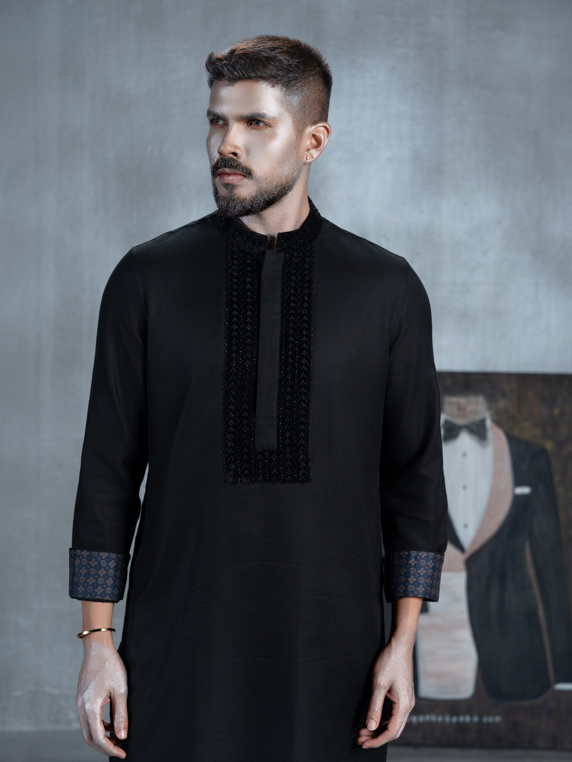 Black Panjabi with Patterned Collar & Cuffs - Image 4