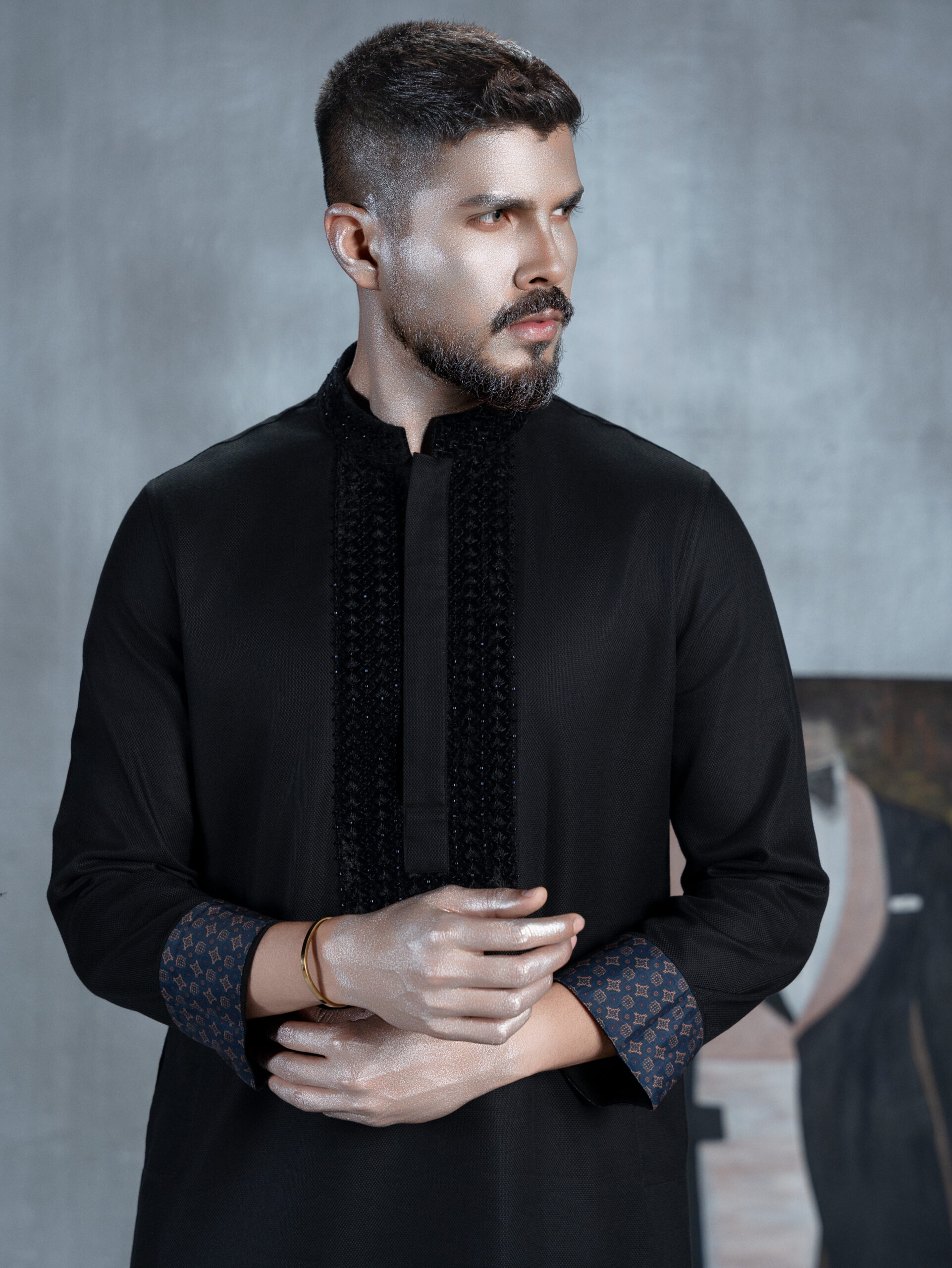 Black Panjabi with Patterned Collar & Cuffs - Image 2