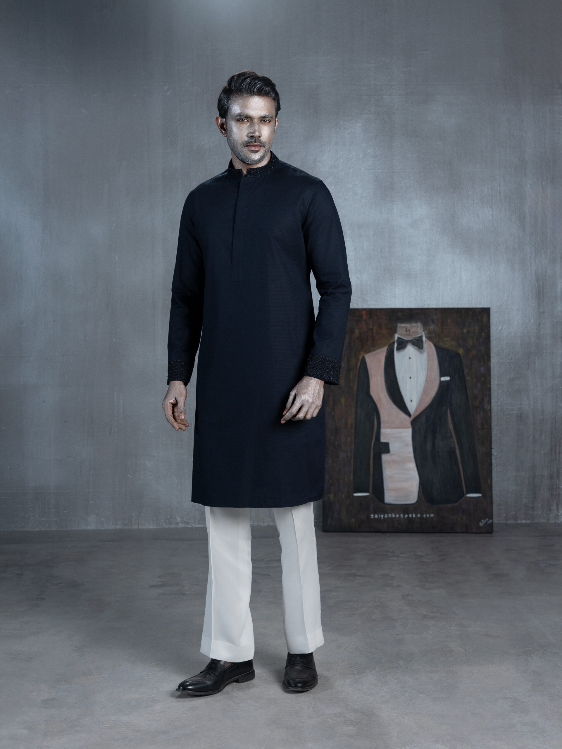 Navy Panjabi with Textured Collar & Cuffs - Image 2