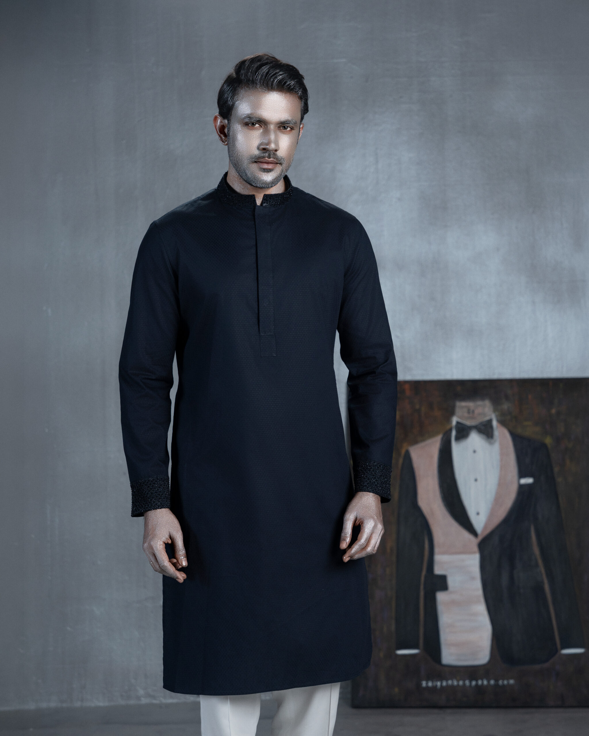 Navy Panjabi with Textured Collar & Cuffs - Image 3