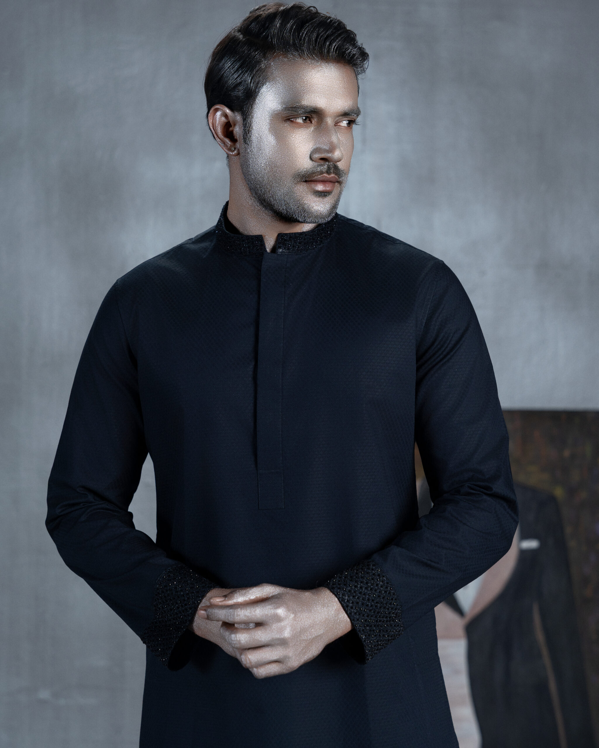 Navy Panjabi with Textured Collar & Cuffs - Image 4