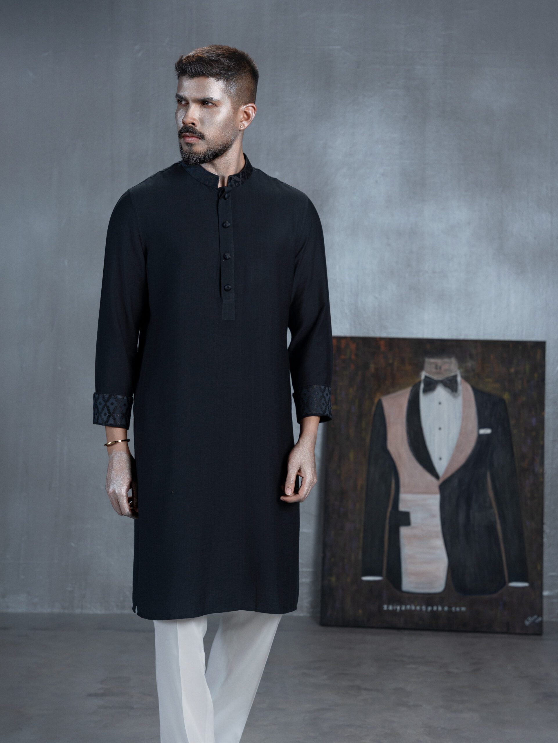 Full-length black bespoke Panjabi with patterned collar and cuffs by ZaiYan Bespoke