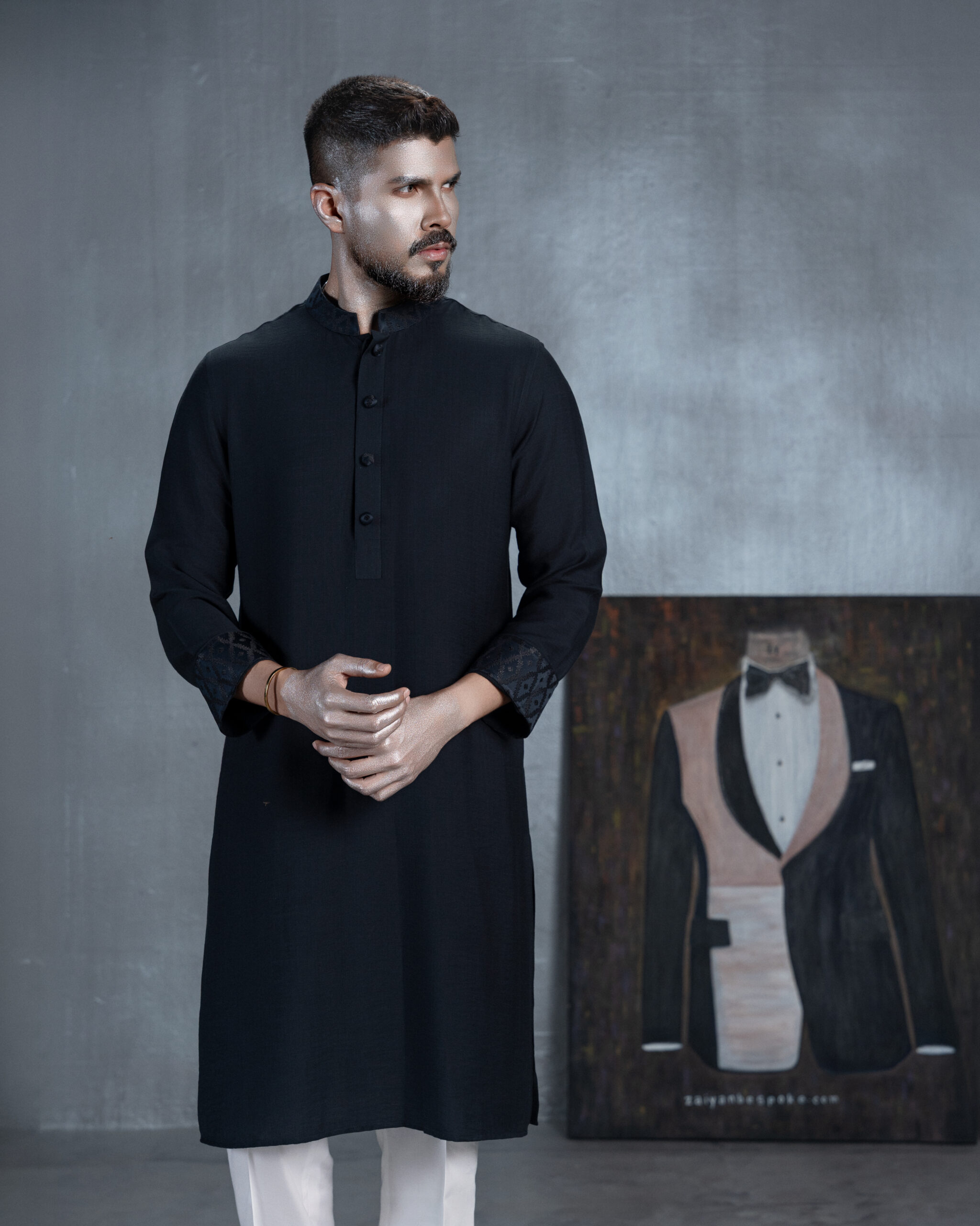 Black Panjabi with Patterned Collar & Cuffs - Image 2