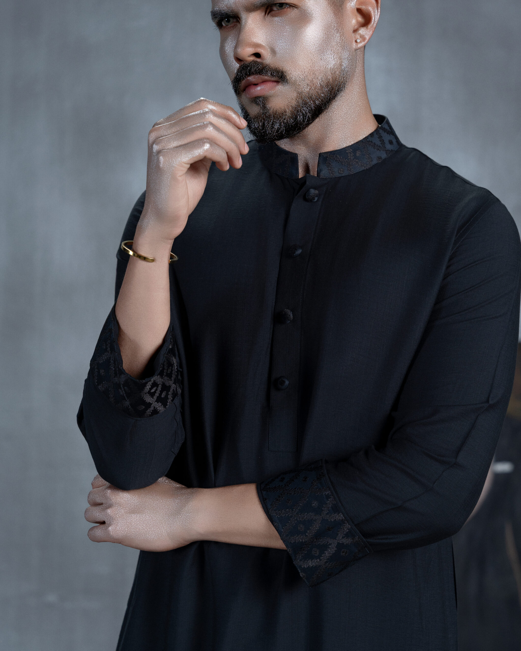 Black Panjabi with Patterned Collar & Cuffs - Image 3