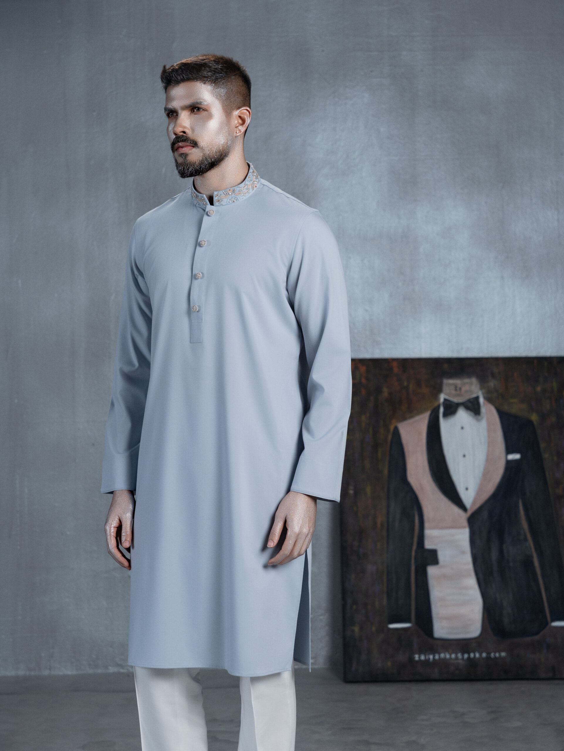 Sky Blue Panjabi with Embroidered Collar - Image 4