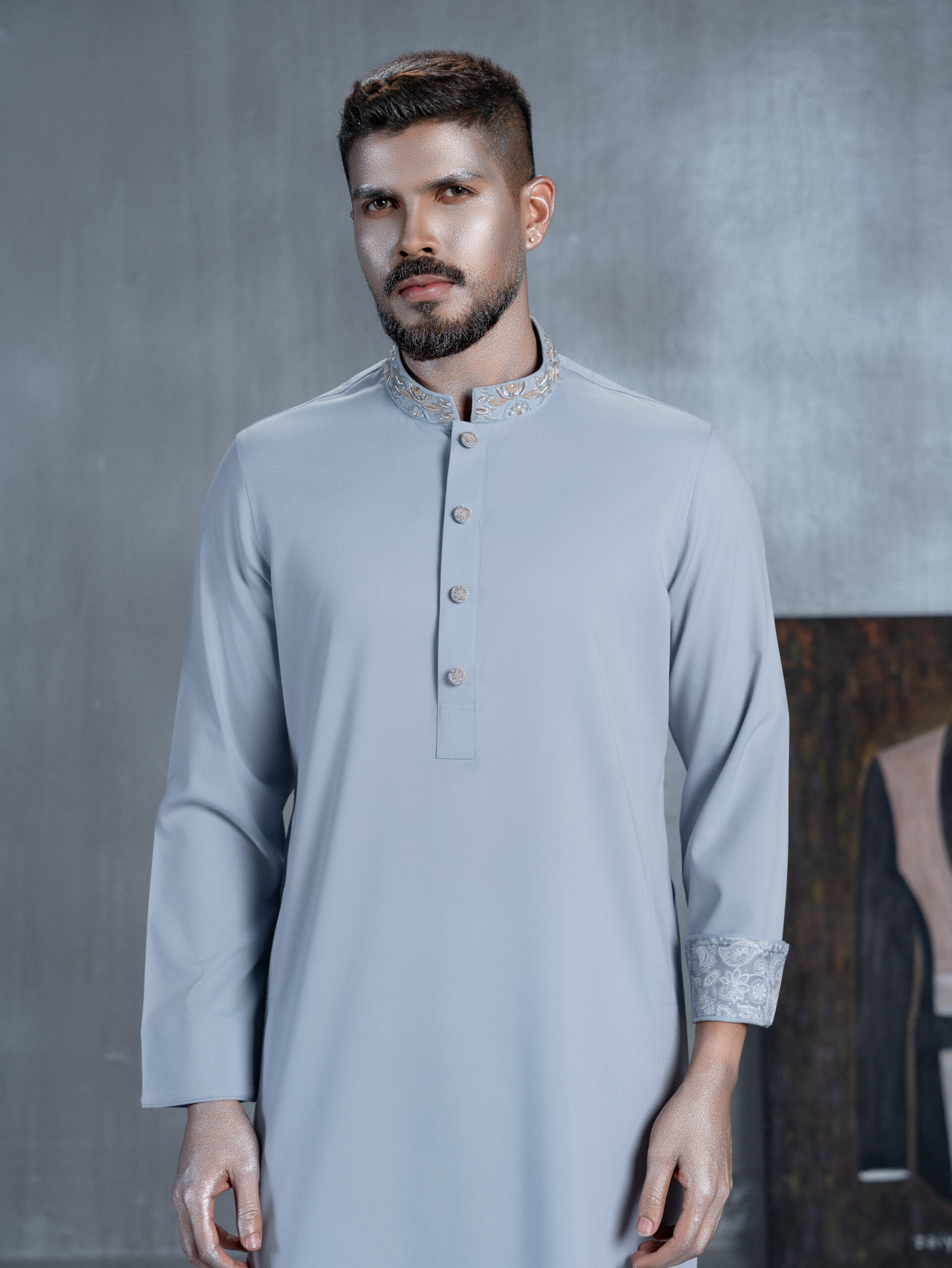 Sky Blue Panjabi with Embroidered Collar - Image 2