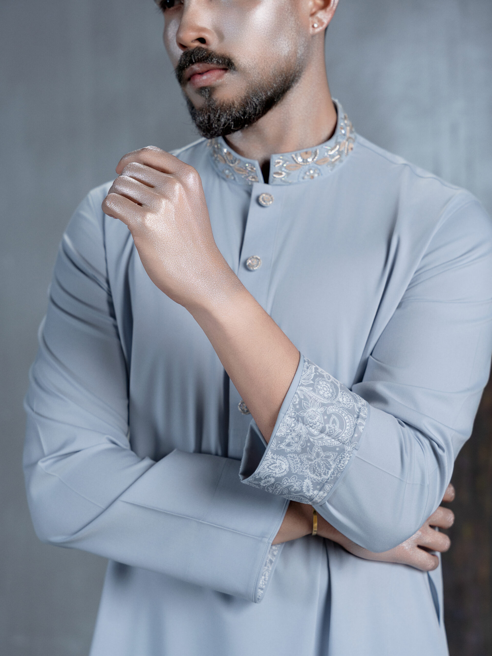 Sky Blue Panjabi with Embroidered Collar - Image 3