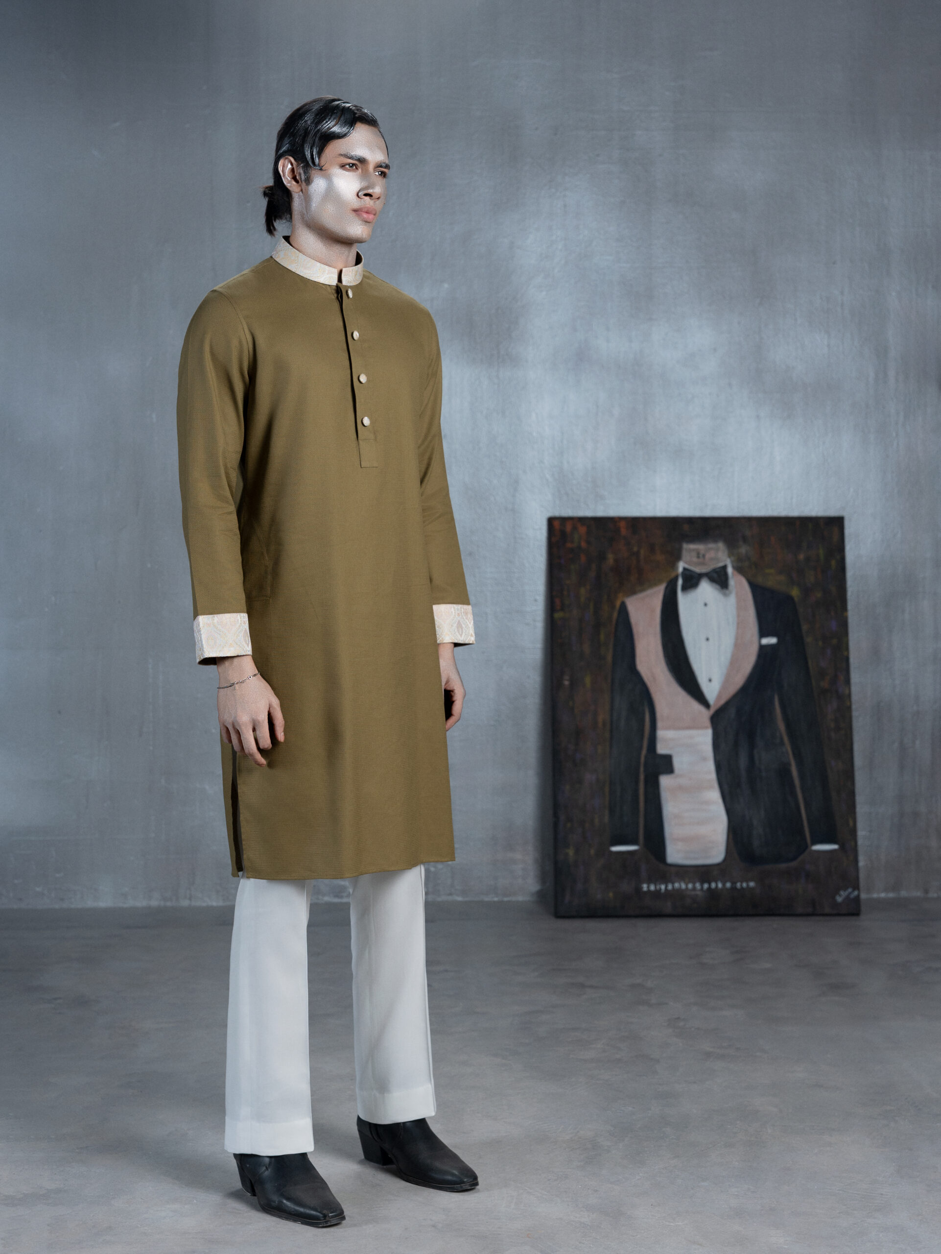 Olive Brown Panjabi with Brocade Collar and Cuffs - Image 3