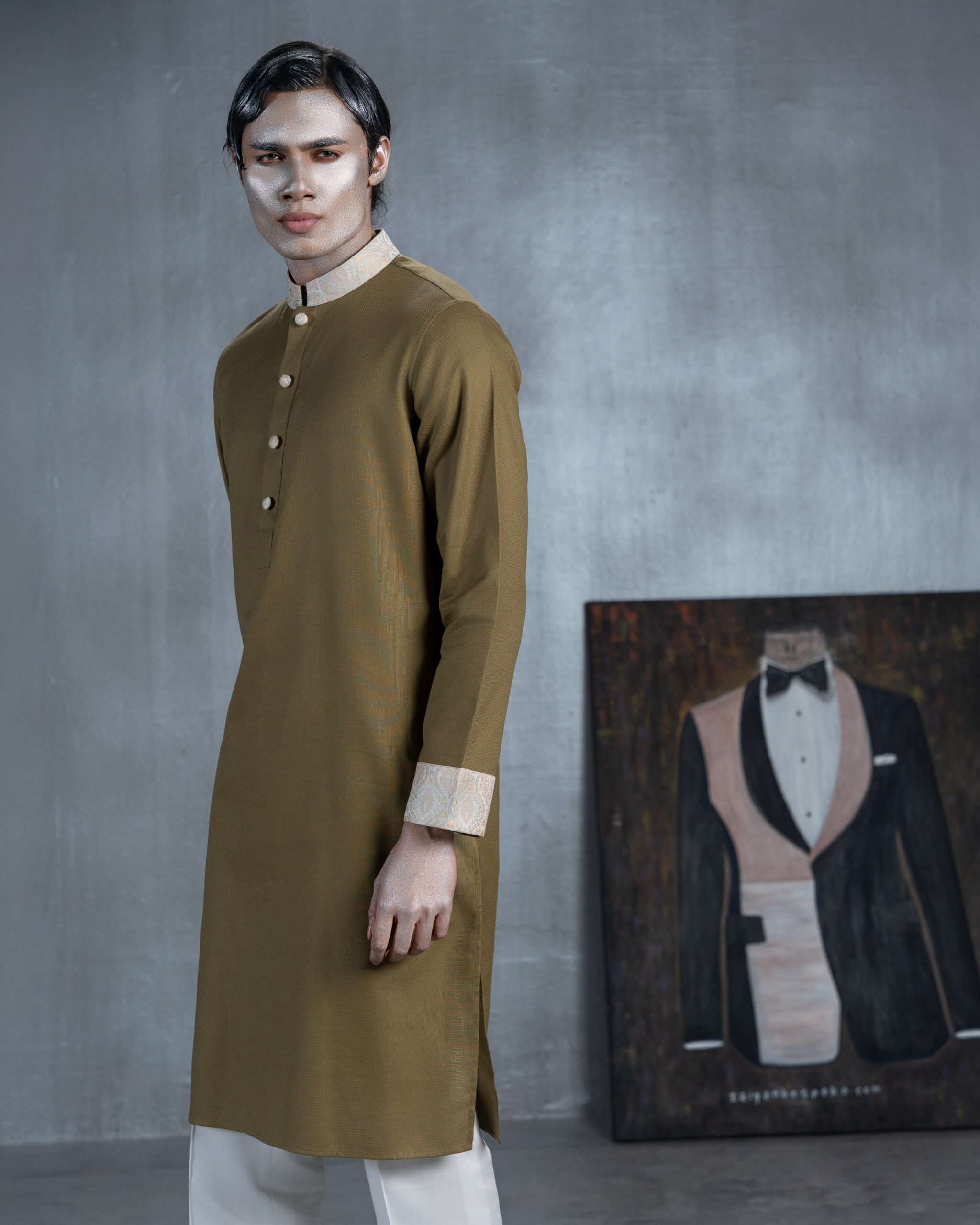 Olive Brown Panjabi with Brocade Collar and Cuffs - Image 2
