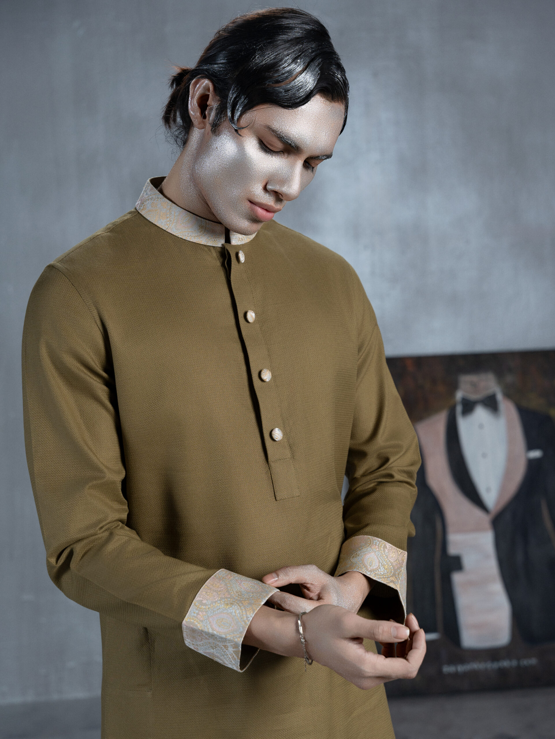 Olive Brown Panjabi with Brocade Collar and Cuffs - Image 4
