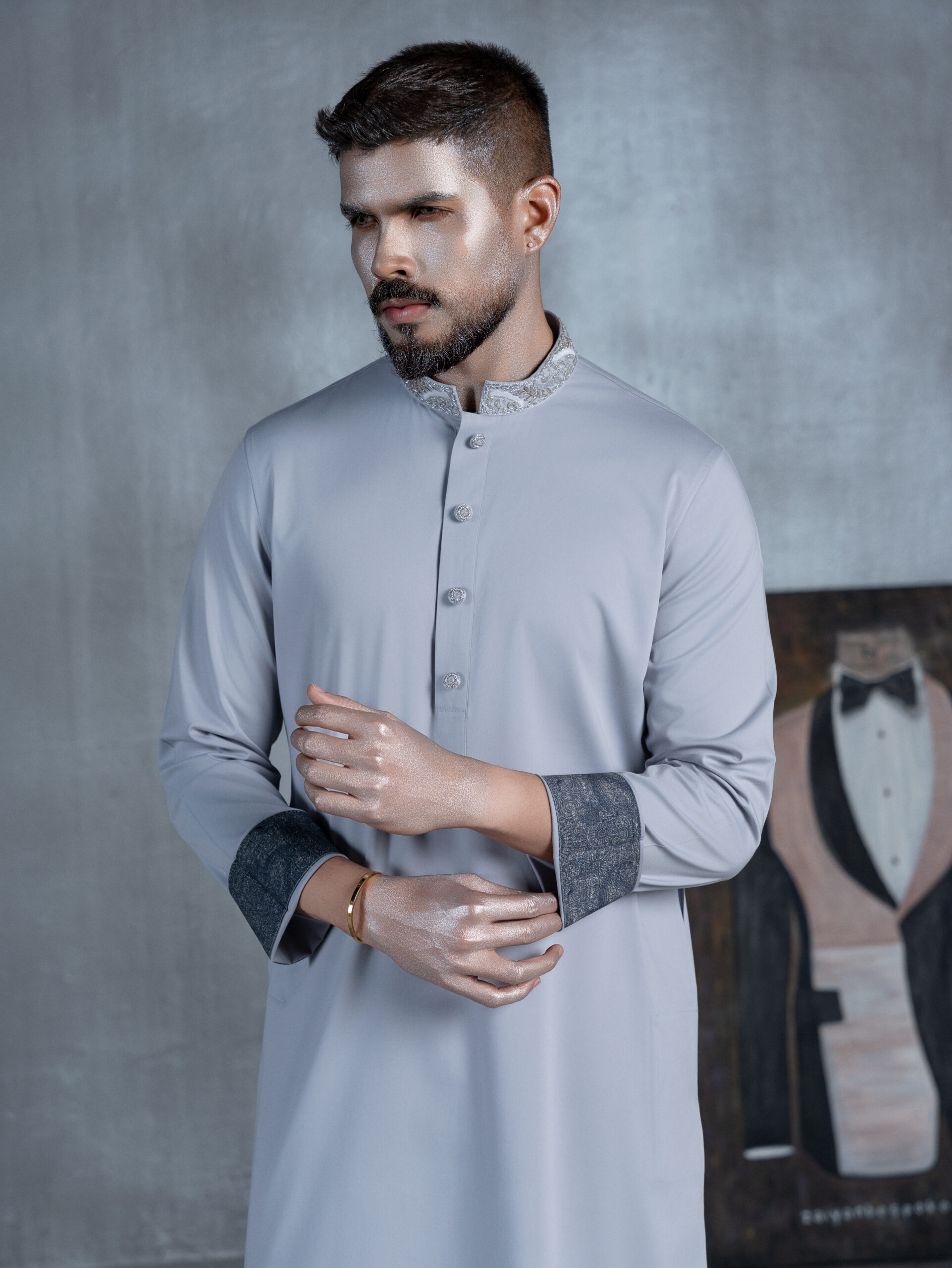 Ice Blue Panjabi with Hand Embroidered Collar & Cuffs - Image 4